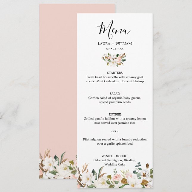Elegante Blush White Magnolia Floral Menu (Frente/Verso)
