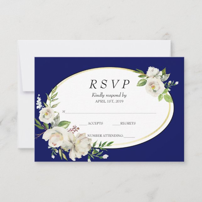 Elegante Boho Blue Floral Dourado Casamento RSVP (Frente)