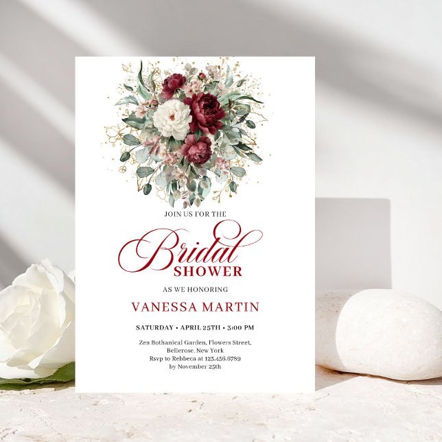 Elegante Boho Burgundy & Branco Convite Floral par (Elegant Burgundy & White Floral Bridal Shower Invite)