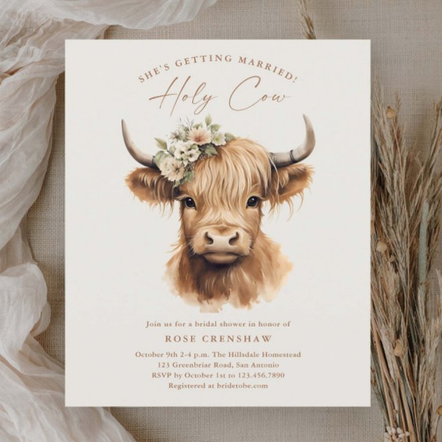 Elegante Boho Highland Cow Chá de panela (Elegant boho highland cow budget bridal shower invitations.)