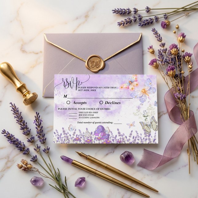 Elegante Borboleta Preta e Roxa Casamento RSVP  (Elegant Black and Purple Butterfly Wedding RSVP Card)