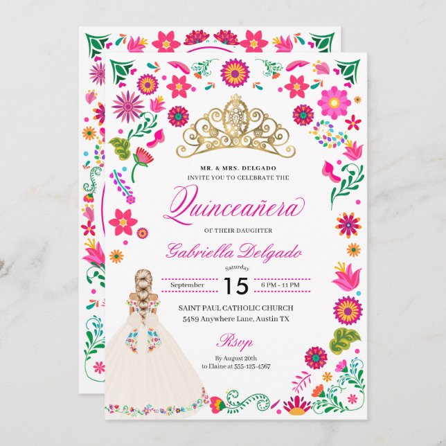 Elegante Bordado Otomi Quinceañera Convite (Frente/Verso)