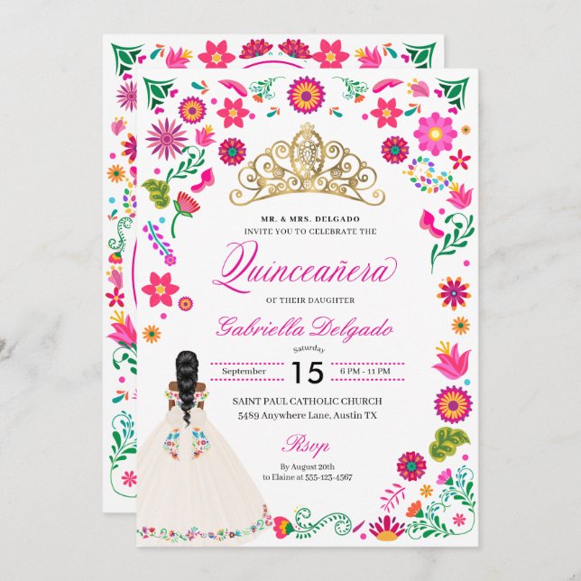 Elegante Bordado Otomi Quinceañera Convite (Frente/Verso)