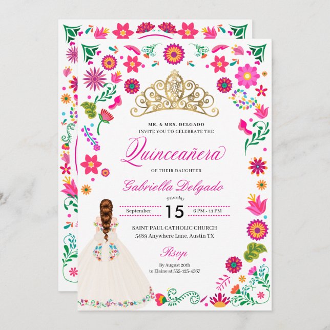 Elegante Bordado Otomi Quinceañera Convite (Frente/Verso)