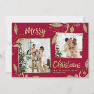 Elegante Bordo Dourado Deixa 2 Cartão de Natal Fot