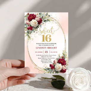 Elegante Borgonha Ouro Floral Convite Doce 16
