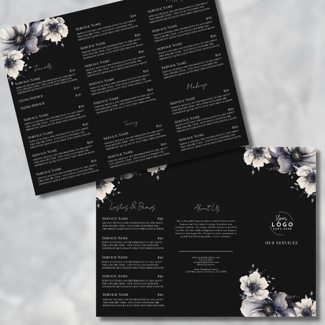 Elegante Brochura de Menu de Serviços de Spa Preto (Elegant Black White Spa Services Menu Tri-Fold Flyer)