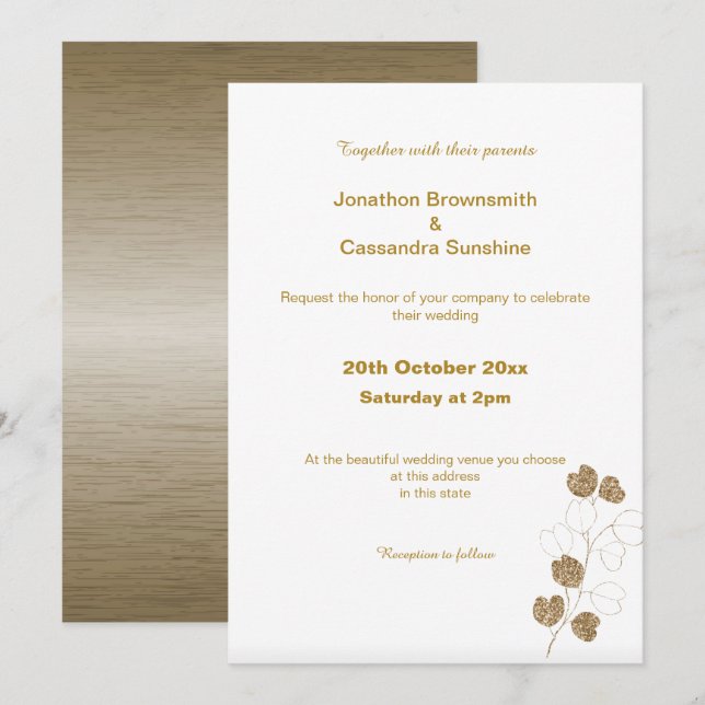 ELEGANTE BRONZE DOURADO CONVITE DE CASAMENTO EUCAL (Frente/Verso)