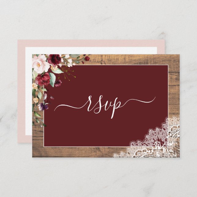 Elegante Burgundy Blush Botanical Lace Wood RSVP (Frente/Verso)