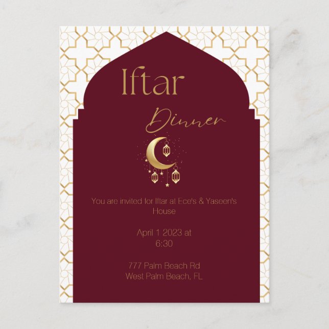Elegante Burgundy e Dourado Convite Ramadan Iftar (Frente)