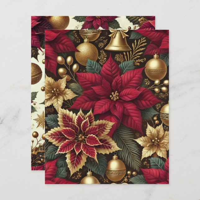 Elegante Burgundy e Dourado Poinsettia Papel Scrap (Frente/Verso)