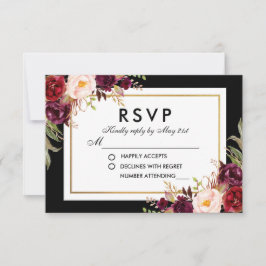 Elegante Burgundy Floral Black Dourado Weding RSVP