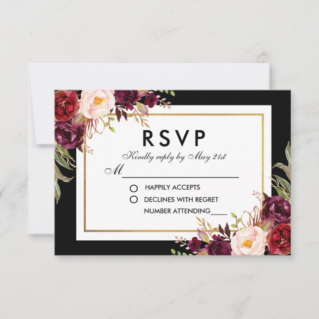 Elegante Burgundy Floral Black Dourado Weding RSVP (Frente)
