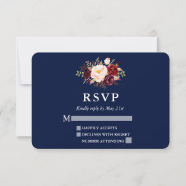Elegante Burgundy Floral Blue Weding RSVP