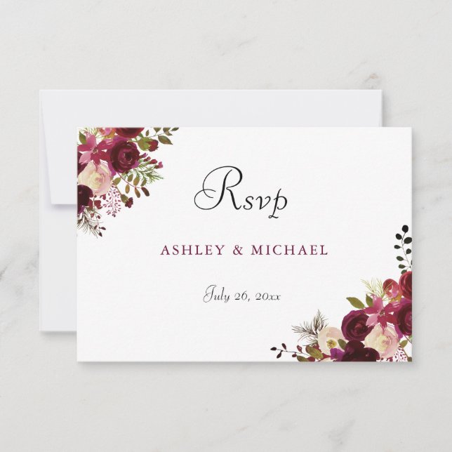 Elegante Burgundy Floral Wedding RSVP (Frente)