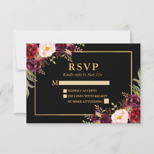 Elegante Burgundy Floral Weding Black Dourado RSVP (Frente)