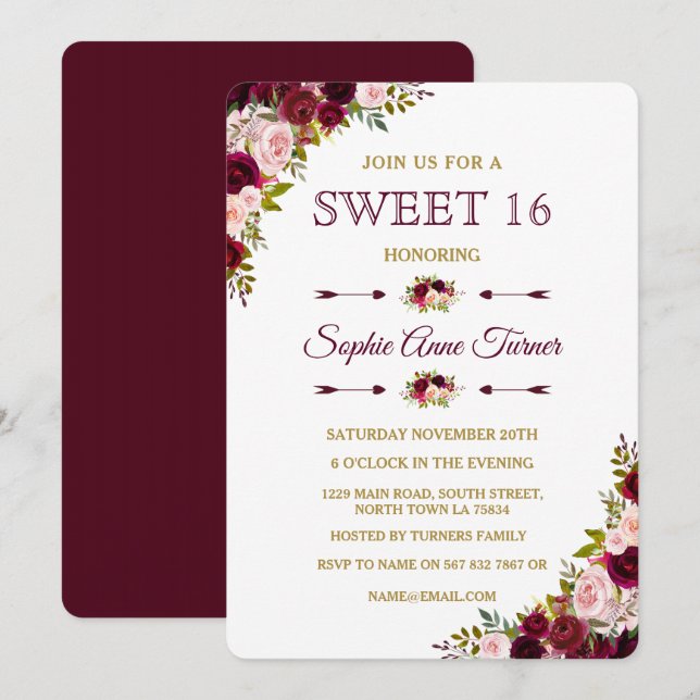 Elegante Burgundy Marsala Floral Sweet 16 Convite (Frente/Verso)