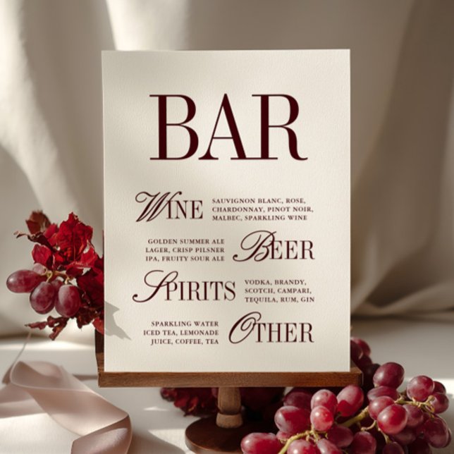 Elegante Burgundy Menu Bebe Tabletop de Casamento (Elegant Burgundy Bar Menu Drinks Wedding Tabletop)