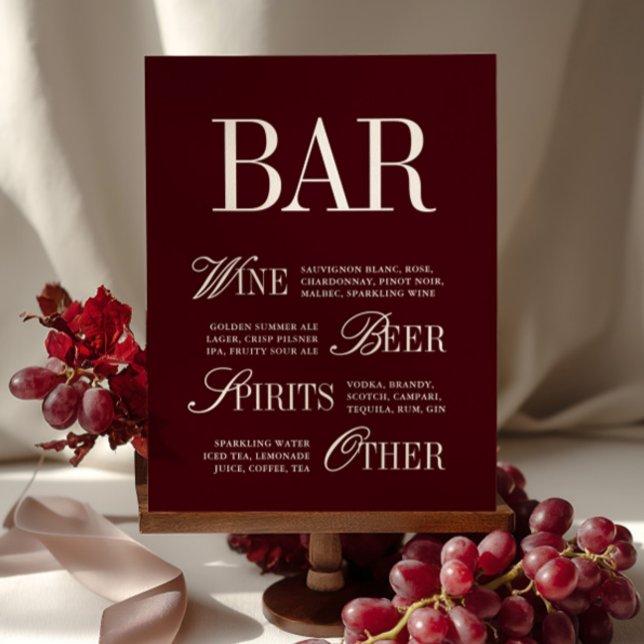 Elegante Burgundy Menu Bebe Tabletop de Casamento (Elegant Burgundy Bar Menu Drinks Wedding Tabletop)
