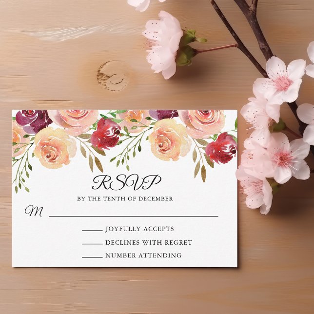 Elegante Burgundy Peach Peony Floral Wedding RSVP (Criador carregado)