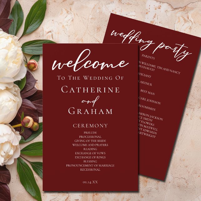 Elegante Burgundy Script Noturno Weding Program (Criador carregado)