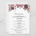 Elegante Burgundy Summer Floral Kissing Menu<br><div class="desc">Este elegante cardápio de beijo floral de Verão burgundy é perfeito para uma recepção de casamento moderna. A design apresenta belos rosas de bordéus rodeados,  desenhados à mão,  bem dispostos em quadros e buquês atraentes.</div>