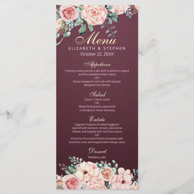 Elegante Burgundy Watercolor Menu Floral (Frente)