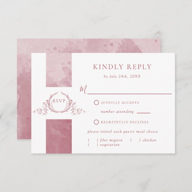 Elegante Burgundy Watercolor Monograma RSVP (Frente/Verso)