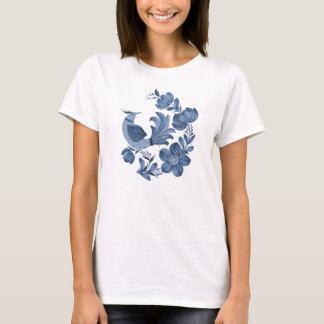 Elegante Camisa Azul com Arte Folclórica de Pássar