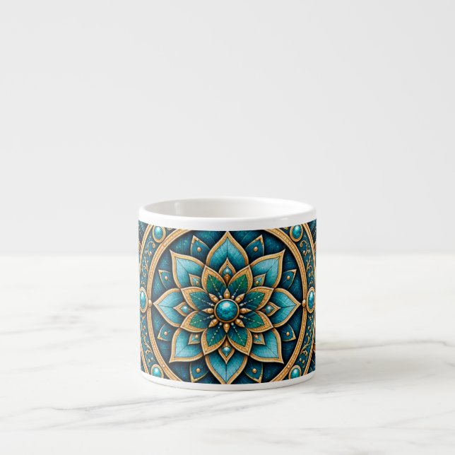 Elegante Caneca de Cerâmica Geométrica Mandala Azu (Frente)