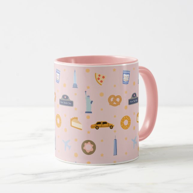 Elegante Caneca Rosa Bege com Estampa de Nova York (Frente Esquerda)
