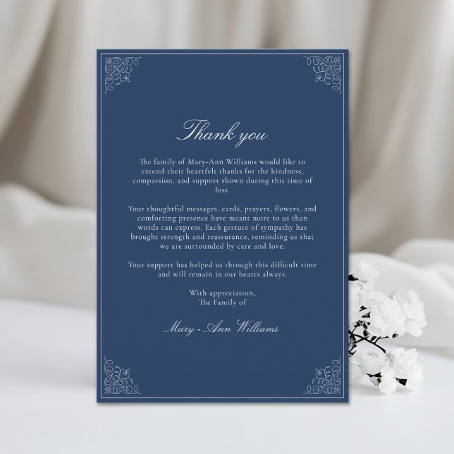 Elegante Cartão de Agradecimento Após Funeral de S (Elegant After Funeral Memorial Sympathy Blue Thank You Card)