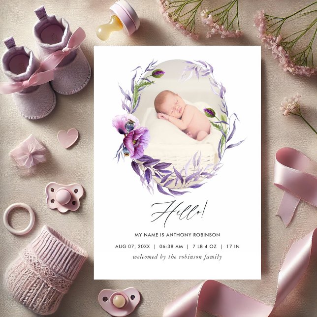 Elegante Cartão de Anúncio de Bebê com Flores Roxa (Elegant Purple Floral Photo Baby Announcement)