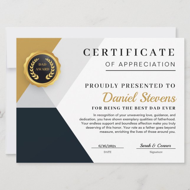 Elegante Cartão de Certificado do Dia dos Pais (Frente)