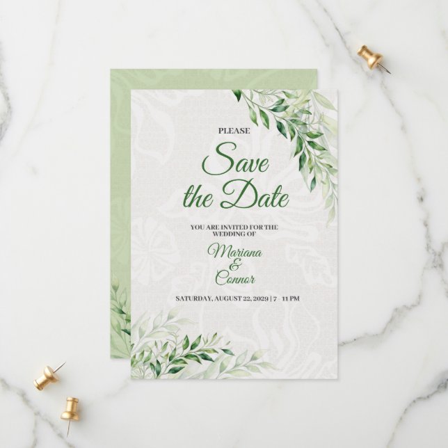 Elegante cartão de data de casamento botânico verd (Frente/Verso In Situ)