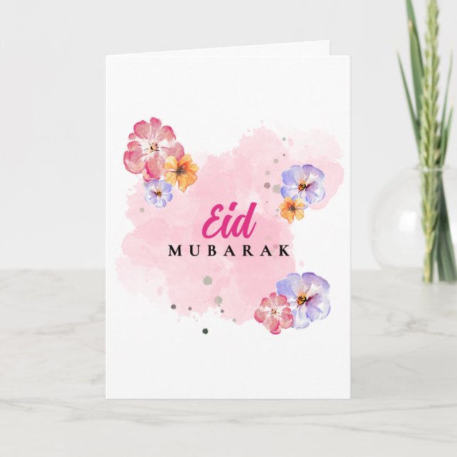 Elegante Cartão de Eid Mubarak em Aquarela Floral. (Frente)