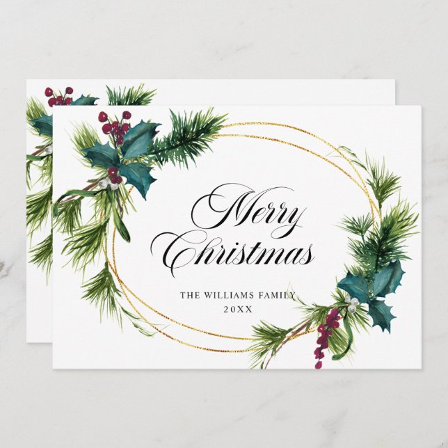 Elegante cartão de Natal com pinheiro e azevinho (Frente/Verso)