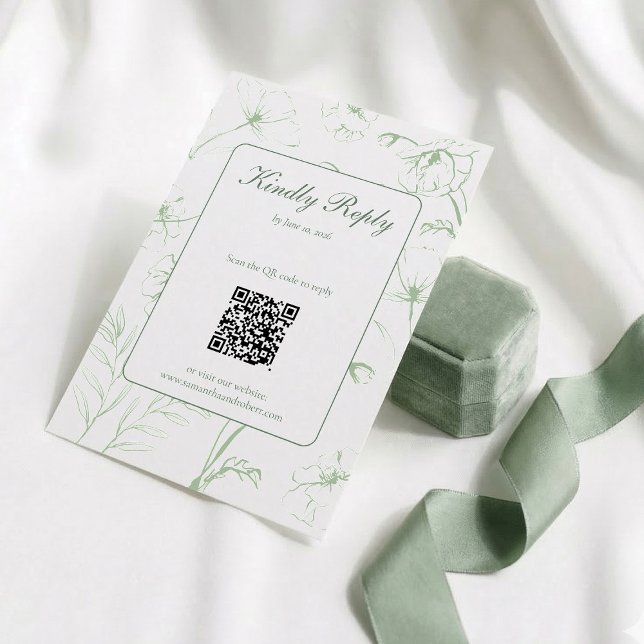 Elegante Cartão de Resposta de Casamento com Códig (Sage green botanical QR code RSVP card with matching velvet box and ribbon.)