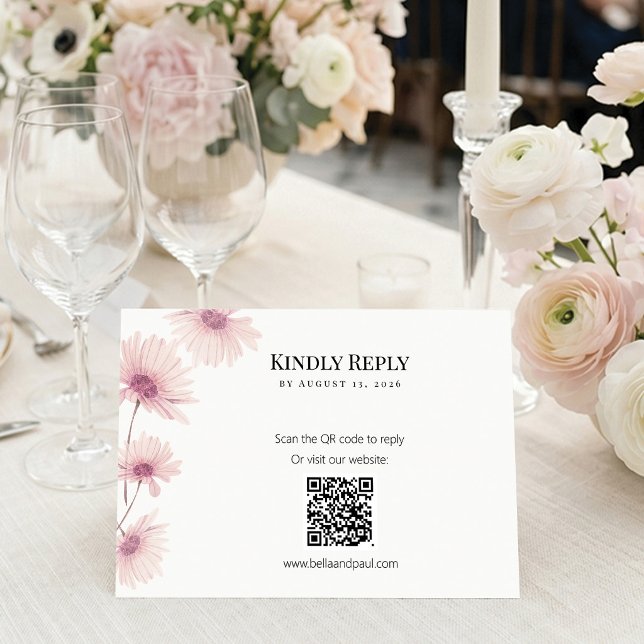 Elegante cartão de RSVP de código QR floral rosa p (Elegant pink floral wedding RSVP card with modern QR code. Easily customize!)