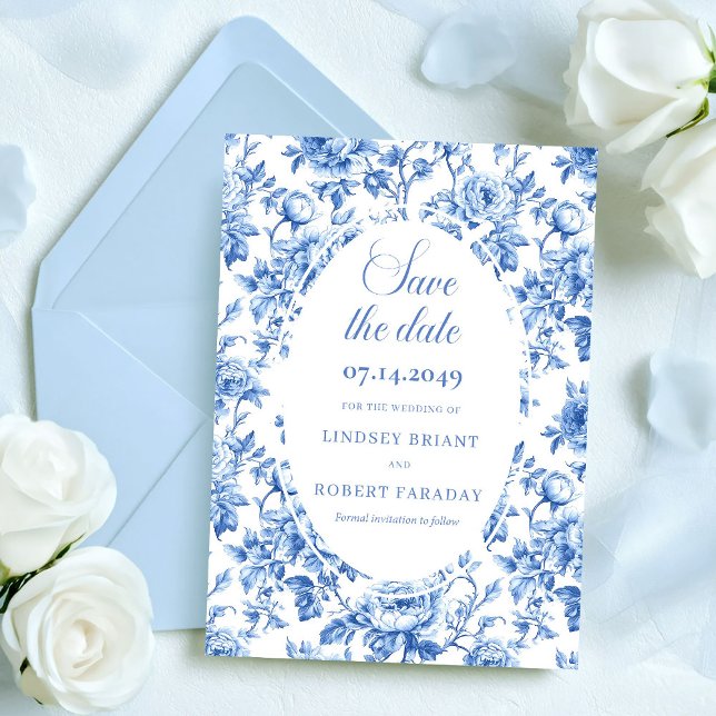 Elegante Cartão de Salvar Data de Casamento Real A (Elegant Royal Blue Toile Save the Date Wedding Card)
