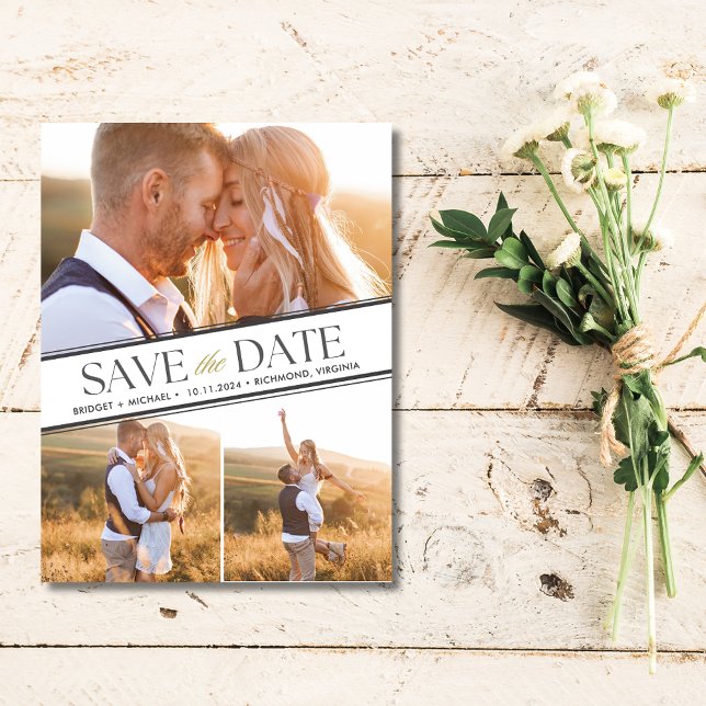 Elegante cartão de Save the Date de casamento com  (Elegant 3 Photo Wedding Save the Date)
