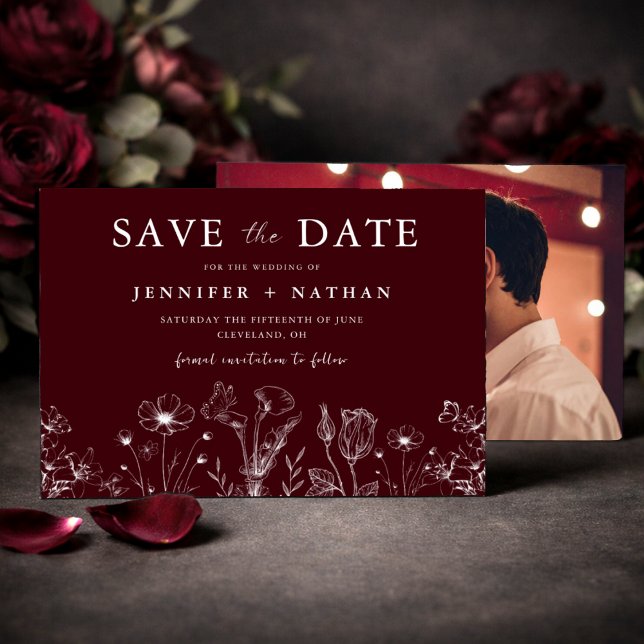 Elegante Cartão de Save the Date Floral Burgundy (Criador carregado)