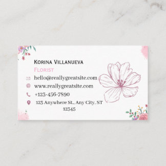 Elegante Cartão de Visita Floral em Aquarela Rosa
