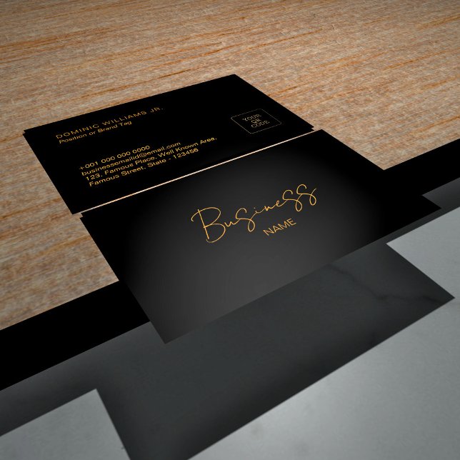 Elegante Cartão de visita preto com código QR | DP (black, golden, premium, minimal, attractive, best, Elegant Black and Gold business card, template)