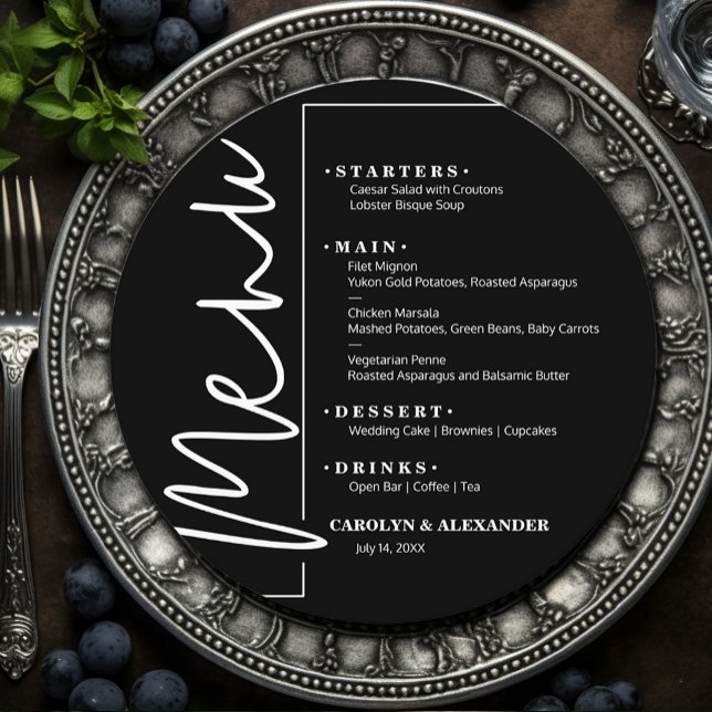 Elegante Cartão Redondo Preto e Branco (Chic Black and White Round Menus)