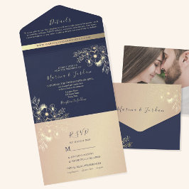 Elegante Casamento Floral em Azul Naval e Dourado