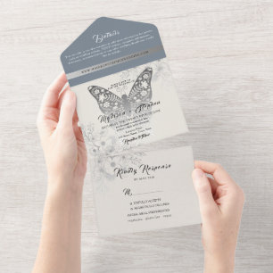 Elegante Casamento Floral Vintage Azul Empoeirado