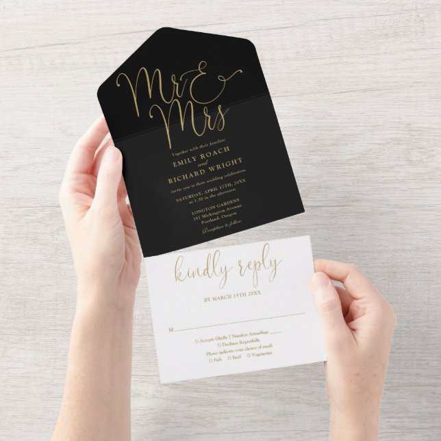 Elegante Casamento Sr E Sra Script Preto E Dourado (Aba destacável)