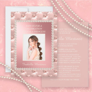 Elegante Cetim Rosa Convite de Quinceañera com Pér