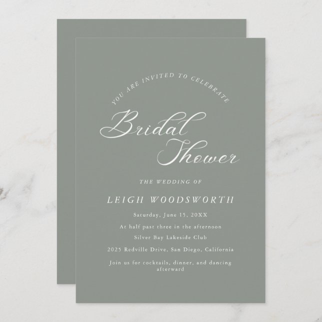 Elegante Charm Dark Sage Convites de chá de panela (Frente/Verso)